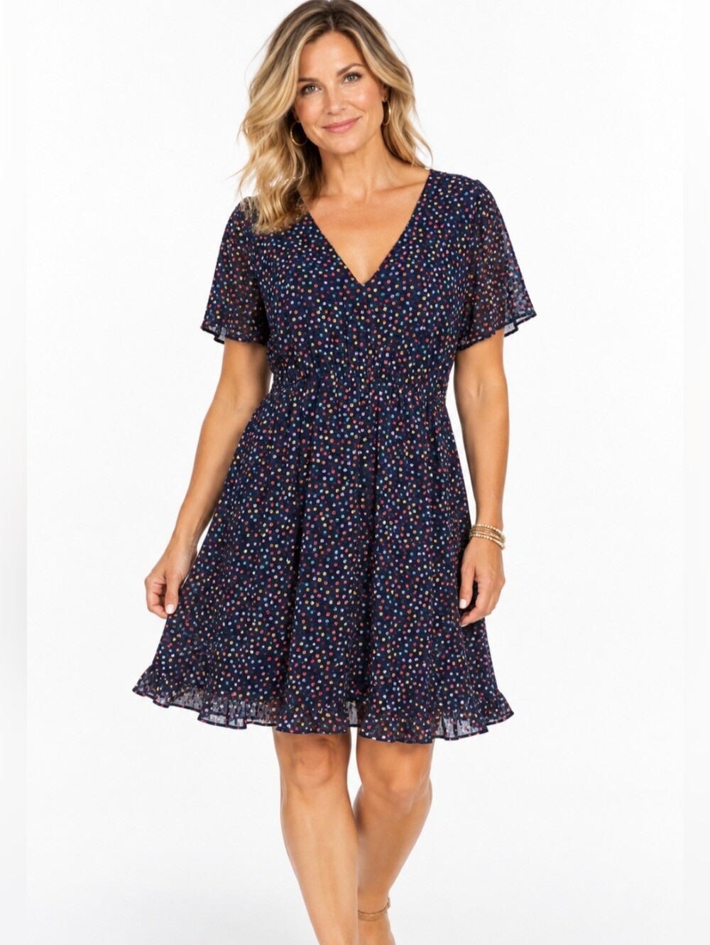 Madewell Dress Women Size 10 Navy Multicolor Dot Flutter Sleeve Fit Flare Lined